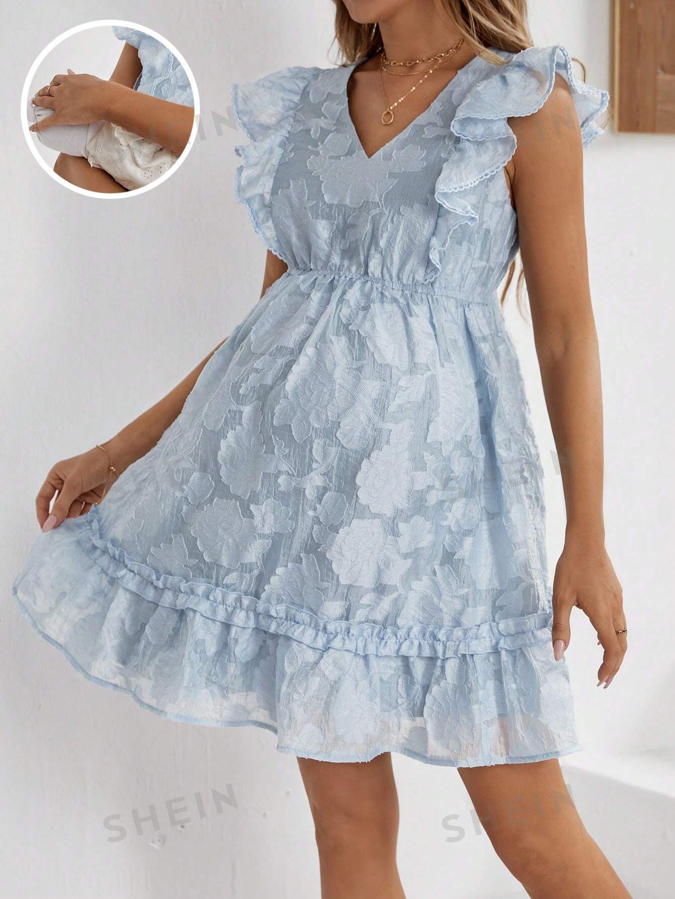 SHEIN Элегантное и повседневное платье для кормящих мам с v-образным вырезом и подолом в виде листьев лотоса, синий