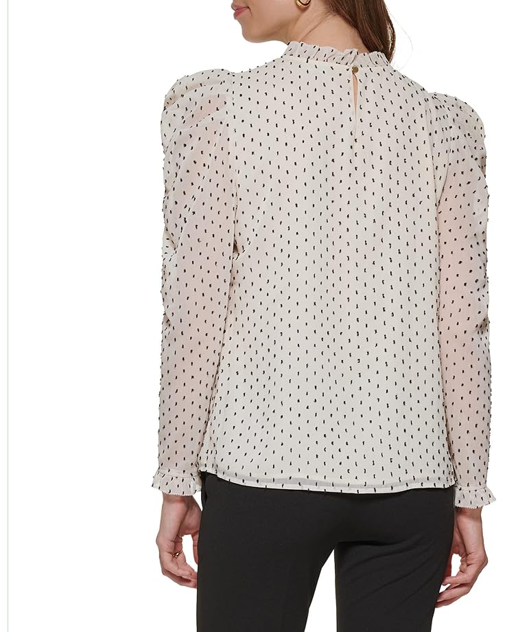 блуза dkny long sleeve ruffle neck blouse черный Блуза DKNY Long Sleeve Ruffle Neck Blouse, цвет Eggnog/Black