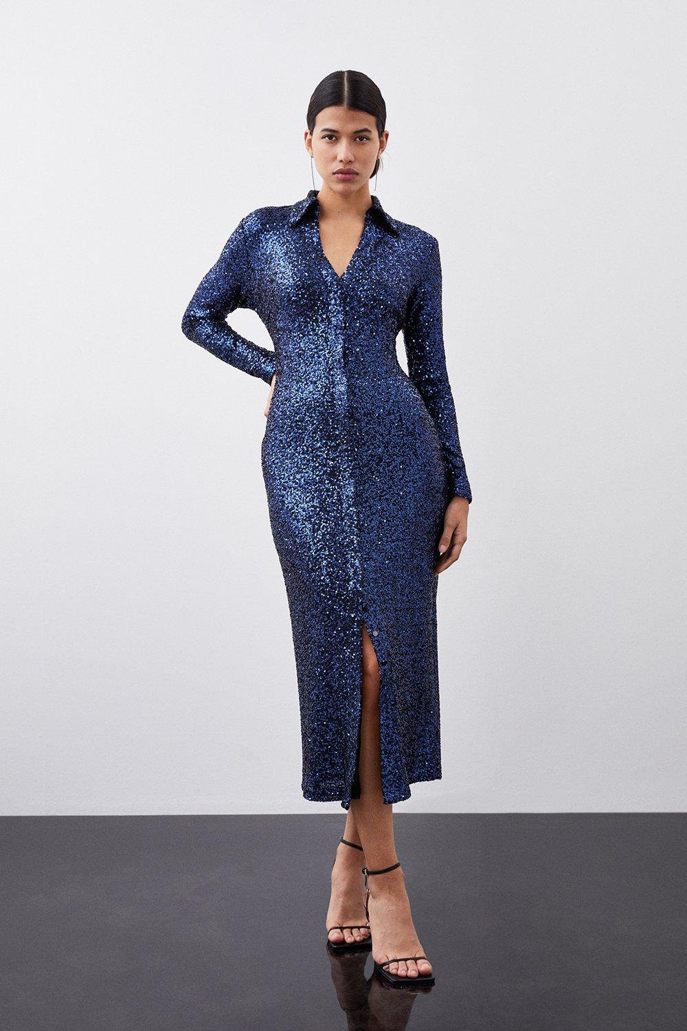 Платье мидакси с глубоким вырезом и воротником-стойкой из пайеток Karen Millen, темно-синий
