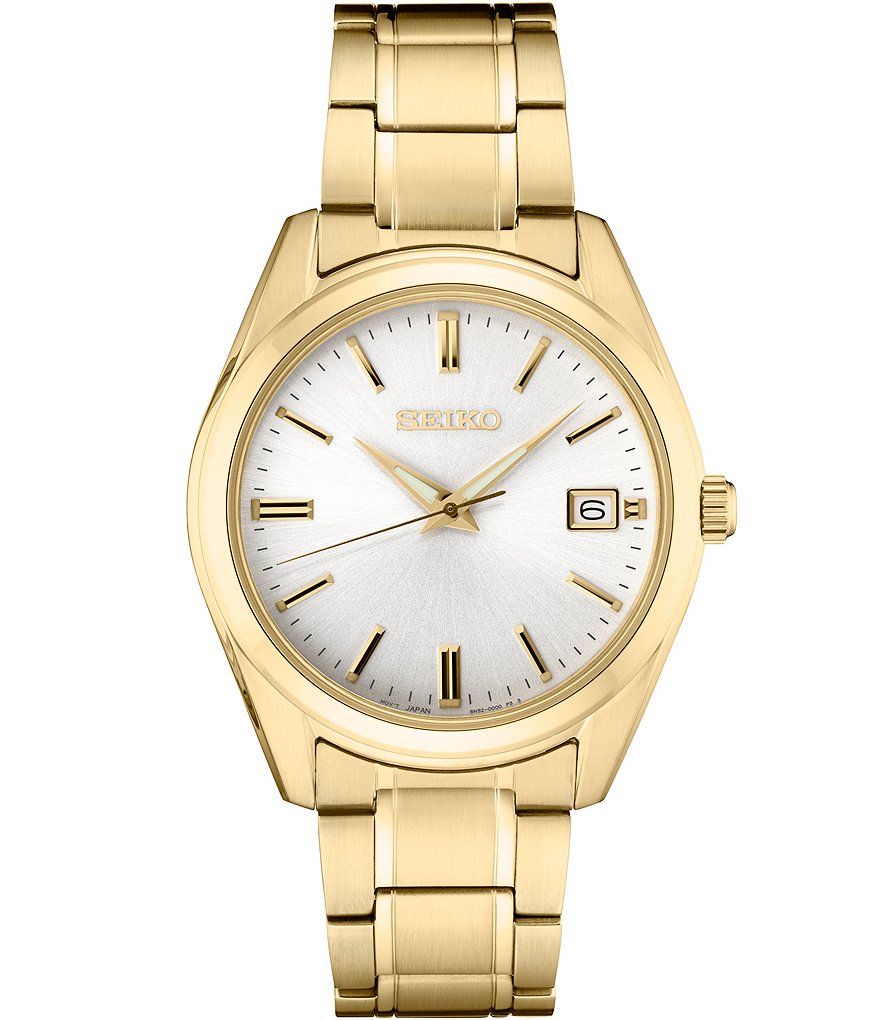 Seiko Мужские кварцевые аналоговые часы с белым циферблатом и золотым браслетом из нержавеющей стали, золотой мужские аналоговые кварцевые часы с большим циферблатом из нержавеющей стали