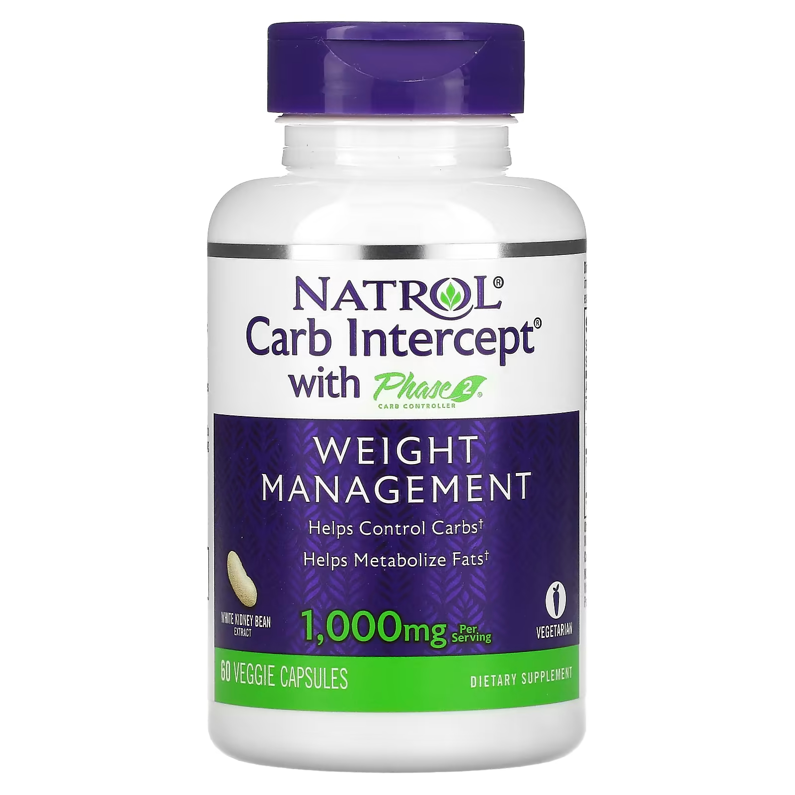 Natrol Carb Intercept с контроллером углеводов фазы 2, 1000 мг, 60 растительных капсул (500 мг на капсулу)