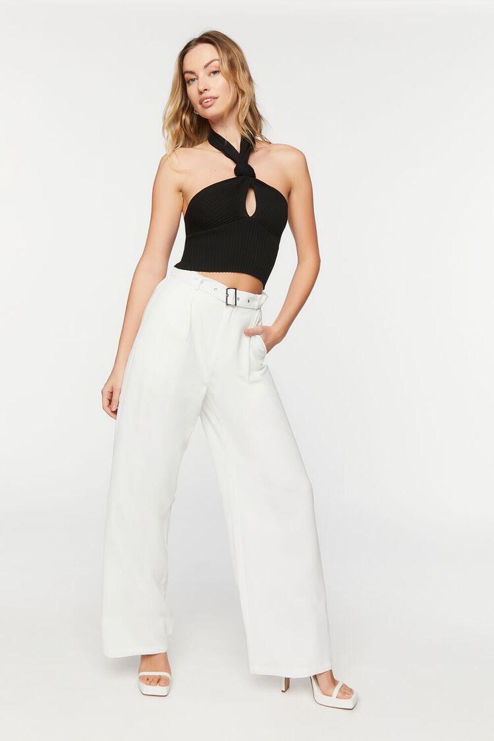 

Широкие брюки с высокой посадкой и поясом Forever 21, слоновая кость, Бежевый