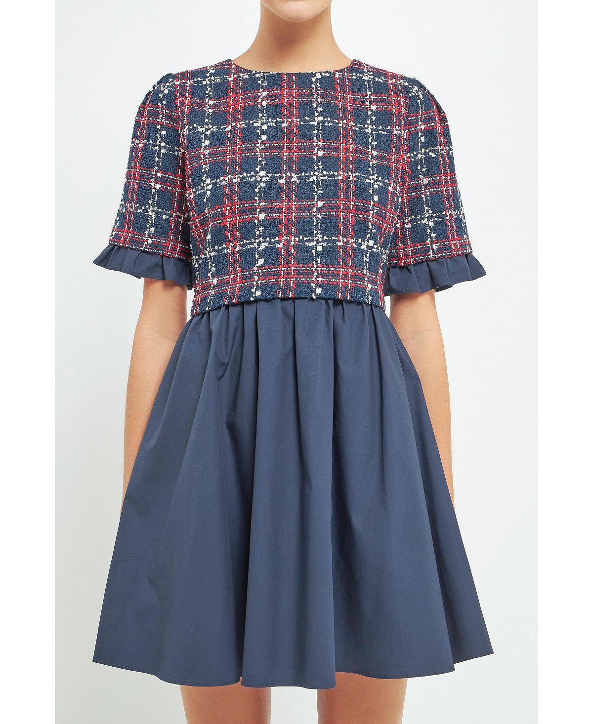 цена Женское мини-платье из твидового поплина смешанной техники English Factory, темно-синий