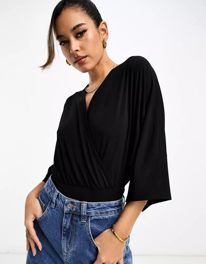 

Черное боди с запахом и рукавами ASOS