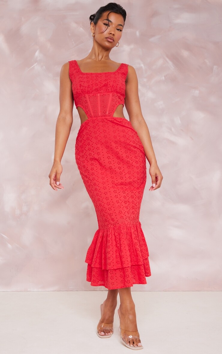 

PrettyLittleThing Красное многоярусное платье мидакси с корсетом Broderie Anglaise