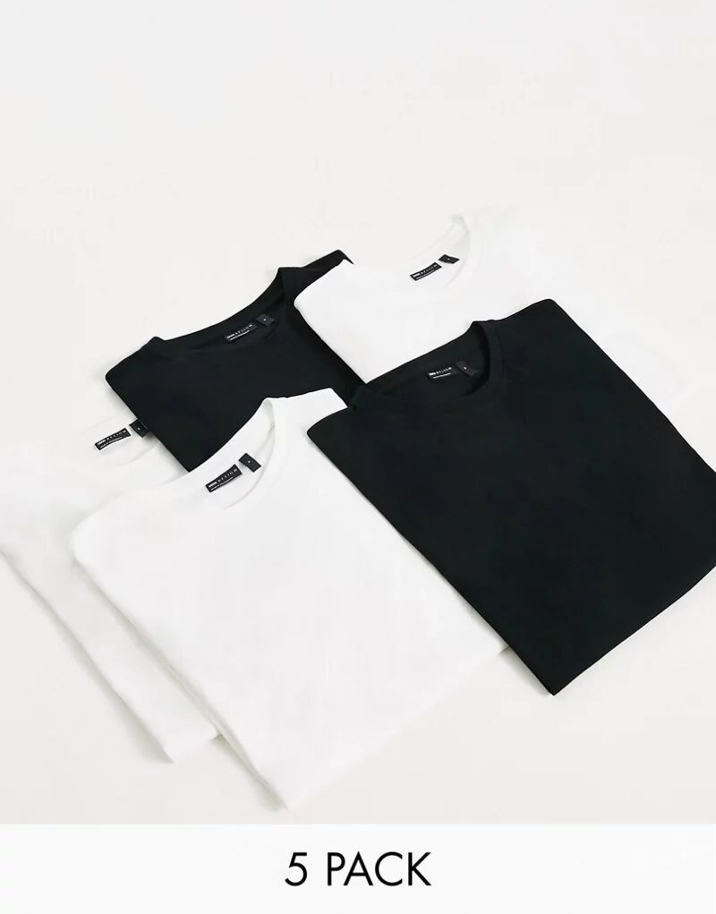 Набор из пяти черно-белых футболок с круглым вырезом ASOS