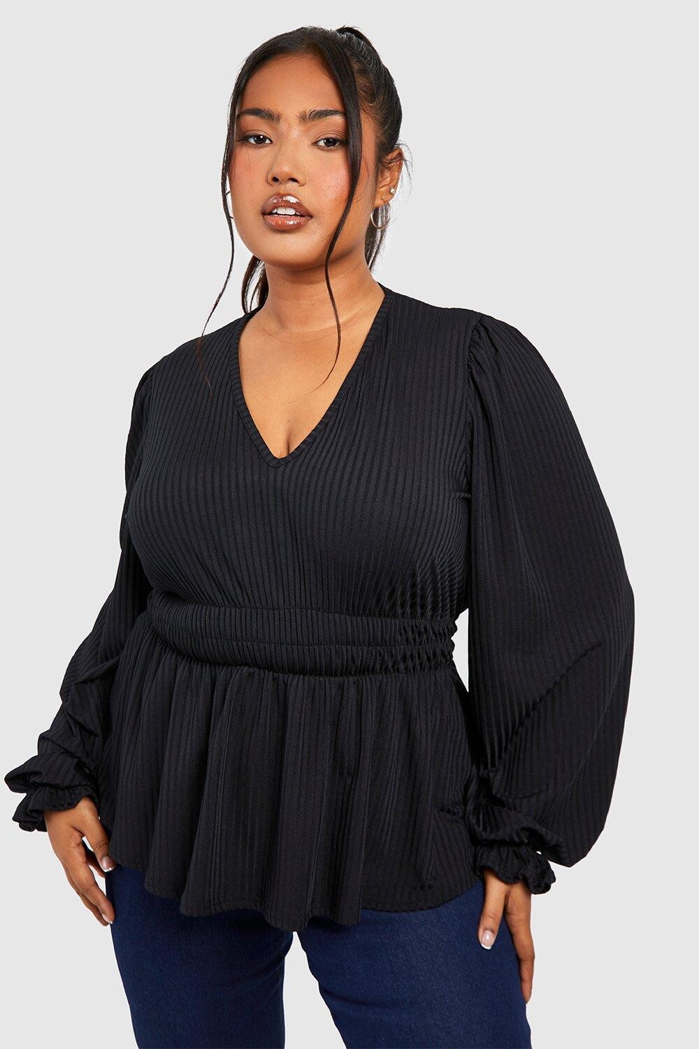 

Топ с баской в ребку плюс Boohoo, черный