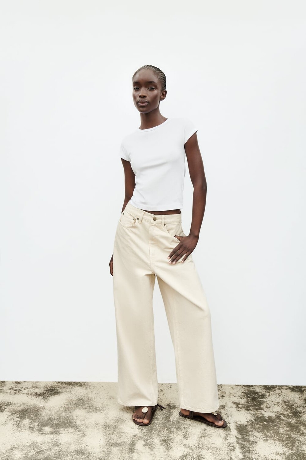 

Хлопковая футболка в реблу ZARA, белый