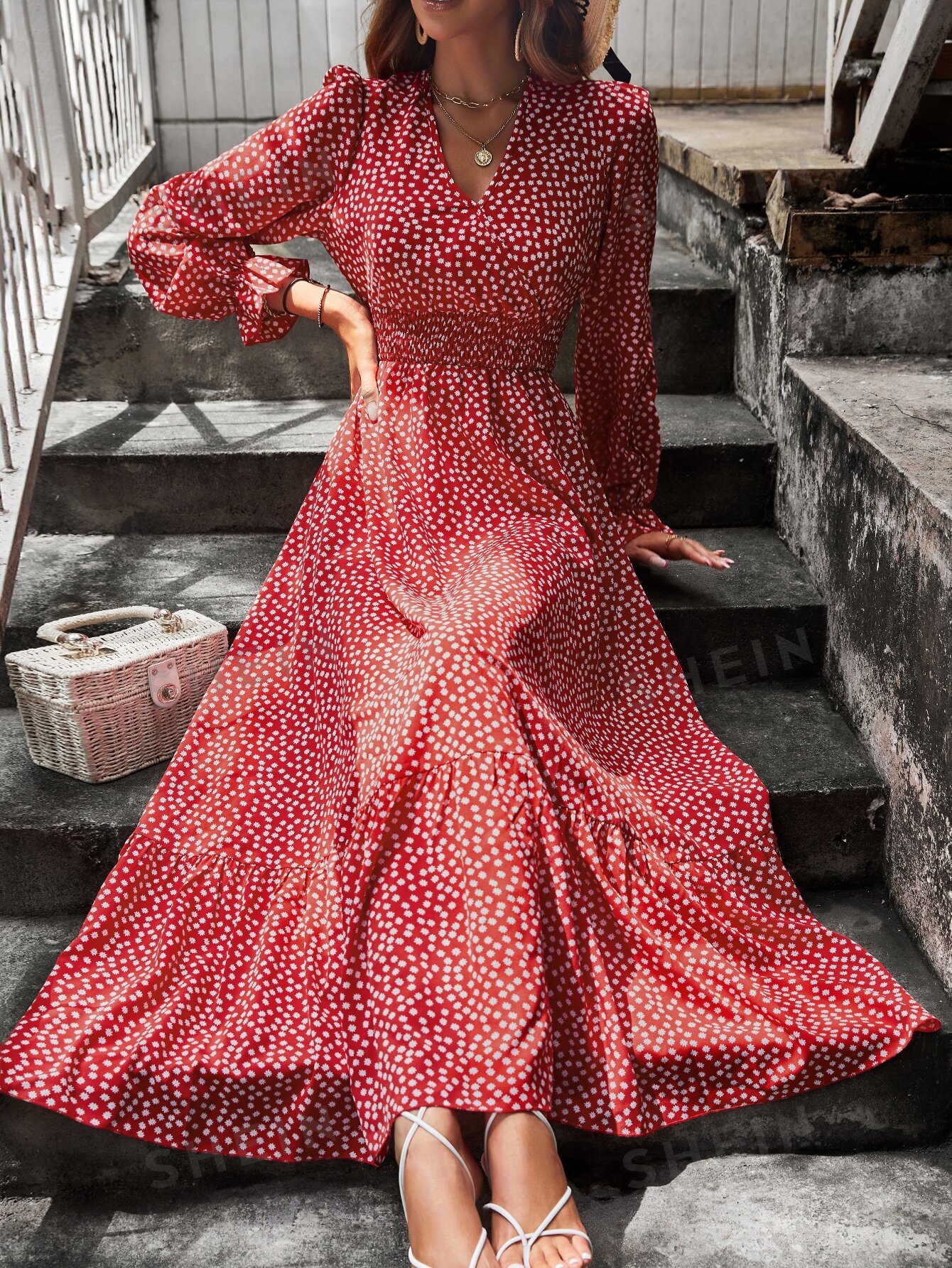 SHEIN LUNE Женское платье миди с запахом на талии и растительным принтом, красный фото