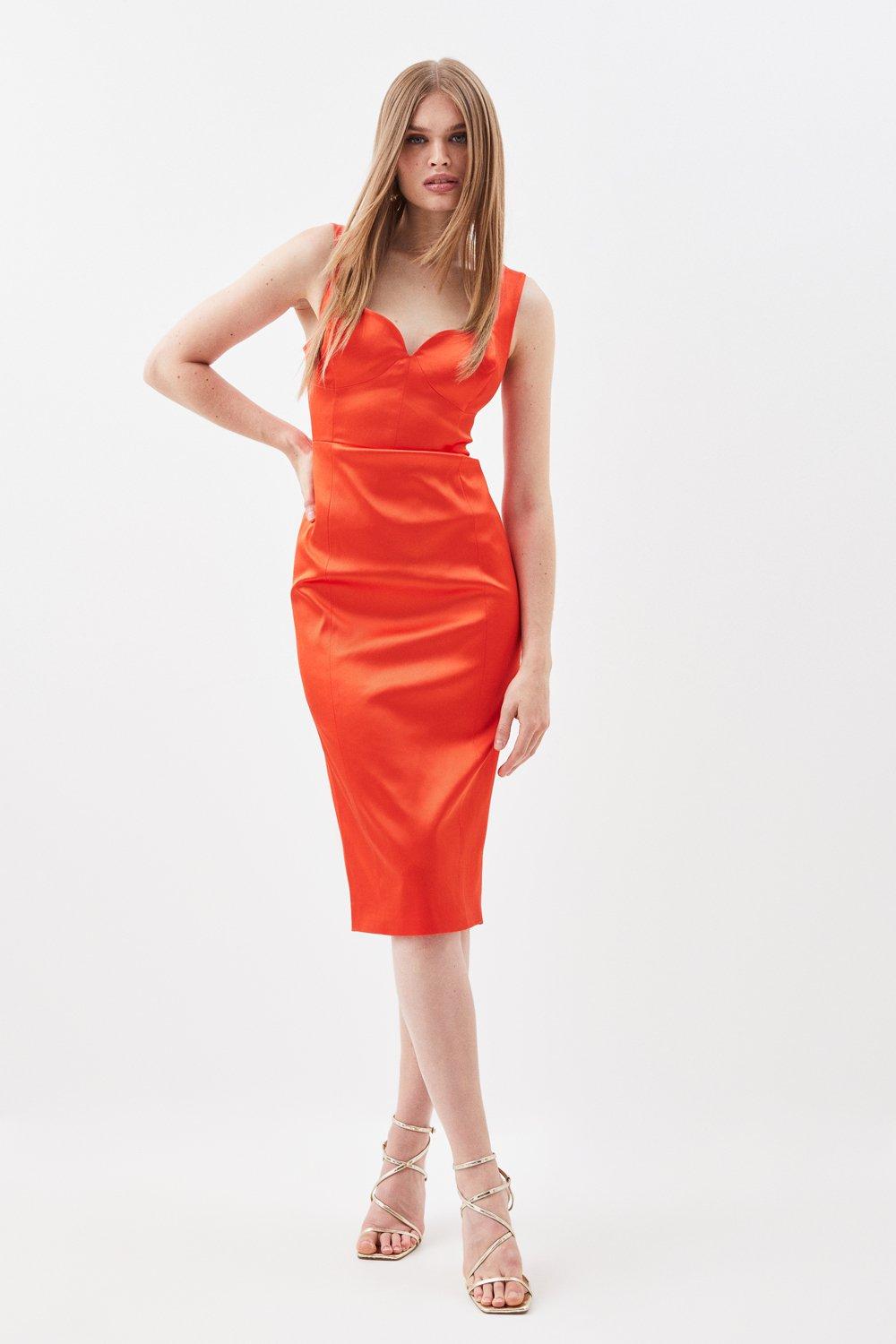 Итальянское структурированное атласное платье-карандаш с корсетом сзади и миди Karen Millen, оранжевый