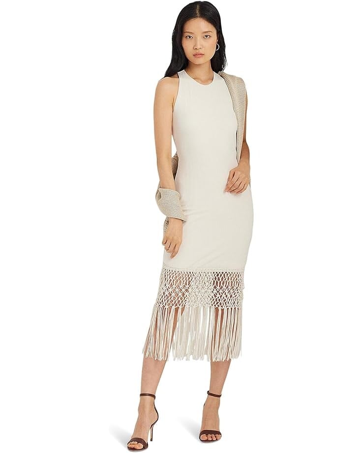 

Платье LAUREN Ralph Lauren Fringe-Trim Sleeveless Cocktail, кремовый, Бежевый