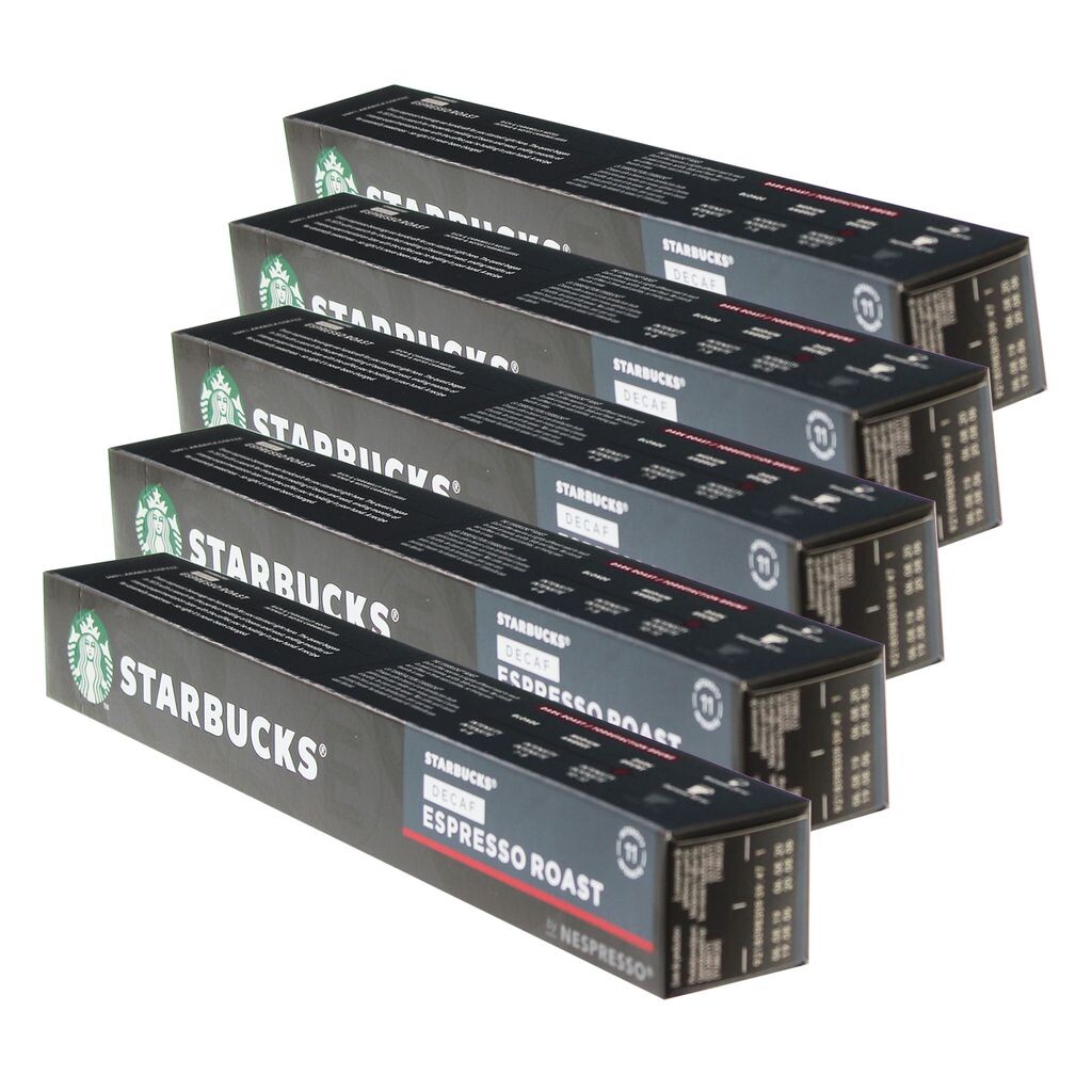 

Starbucks Decaf Espresso Roast Coffee, набор из 5 шт., темная обжарка, обжаренный кофе, совместимый с Nespresso, без кофеина, кофейные капсулы, 50 капсул Nestlé