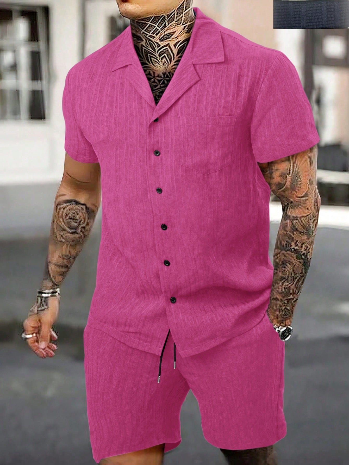 Мужская рубашка с коротким рукавом и шорты Manfinity Homme с однотонным контрастным воротником, ярко-розовый