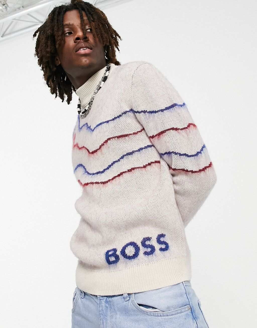 

Белый джемпер с логотипом BOSS Orange Kamonte и полосками