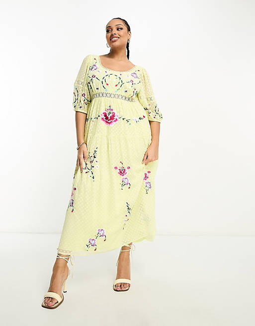 

Лимонное платье миди с вышивкой добби и крючком ASOS DESIGN Curve