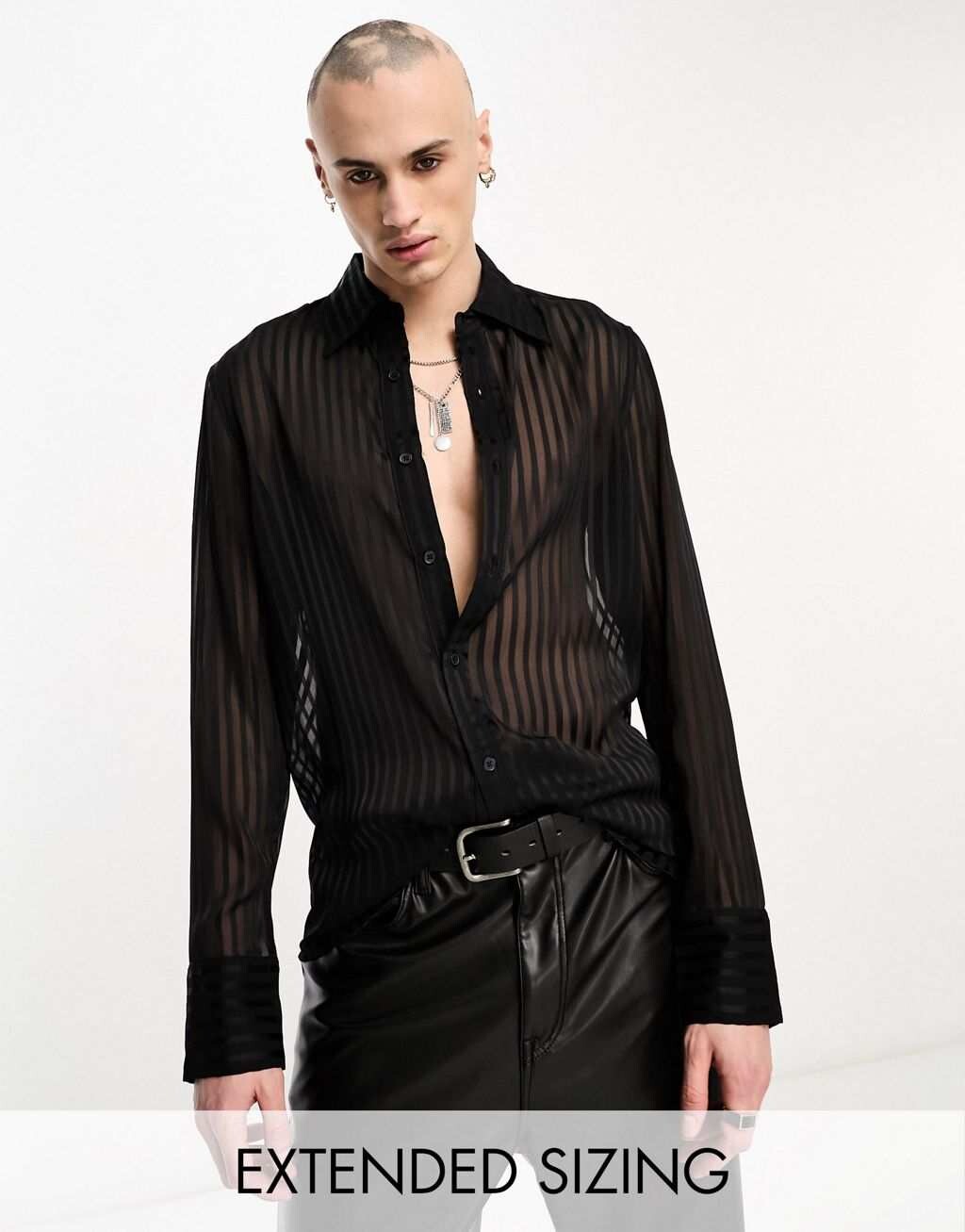 

Черная прозрачная полосатая рубашка с воротником в стиле 70-х ASOS DESIGN