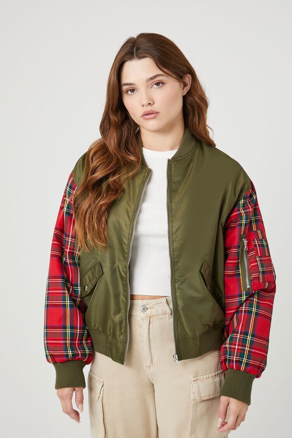 

Комбинированный бомбер в клетку Forever 21, оливковый, Зеленый