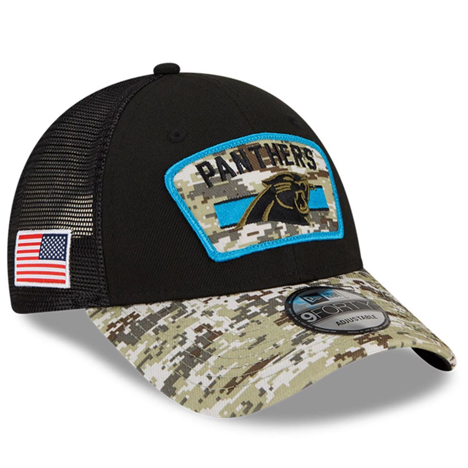 

Мужская регулируемая кепка New Era Black/Camo Carolina Panthers 2021 Salute To Service Trucker 9FORTY Snapback