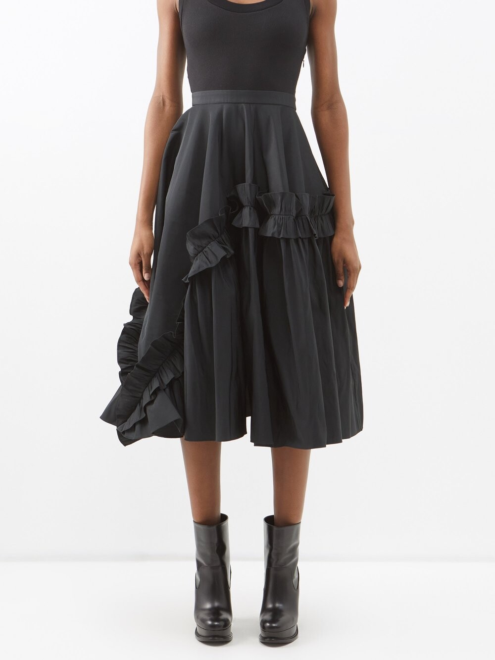 

Асимметричное платье миди из смесового хлопка с оборками Alexander McQueen, черный