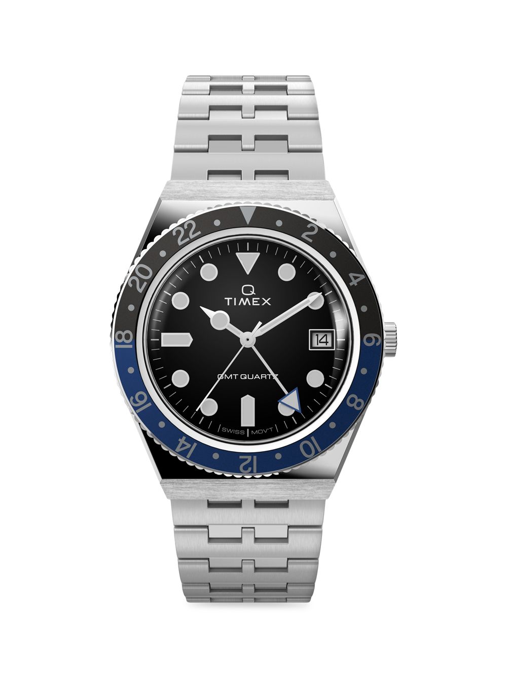 Часы с браслетом из нержавеющей стали Q GMT Timex, черный женские часы q серебристого цвета с браслетом из нержавеющей стали 36 мм timex
