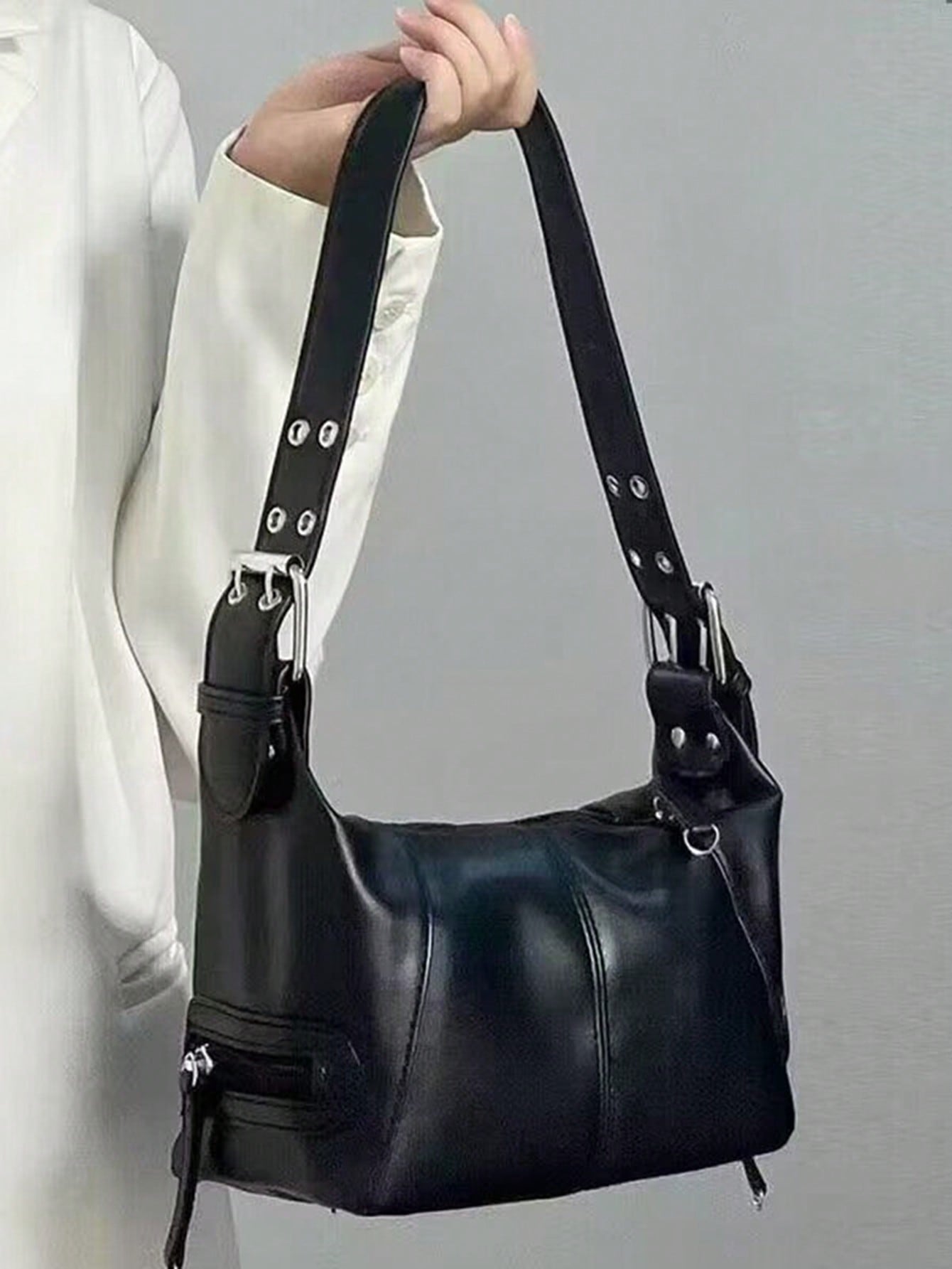 Молния Декор Сплошной цвет Модная сумка на одно плечо, черный фото