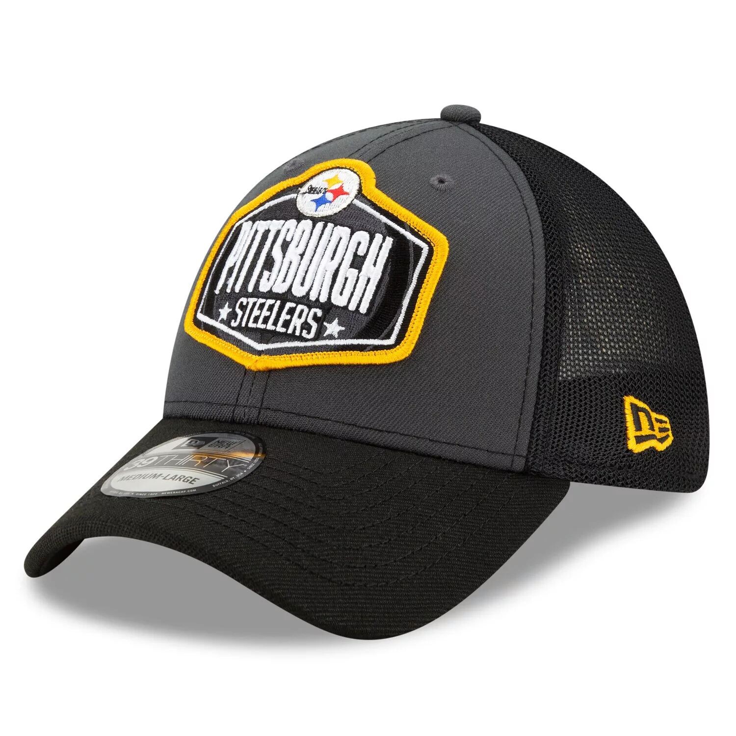 

Мужская кепка New Era Graphite/Black Pittsburgh Steelers 2021 NFL Draft Trucker 39THIRTY Flex Hat