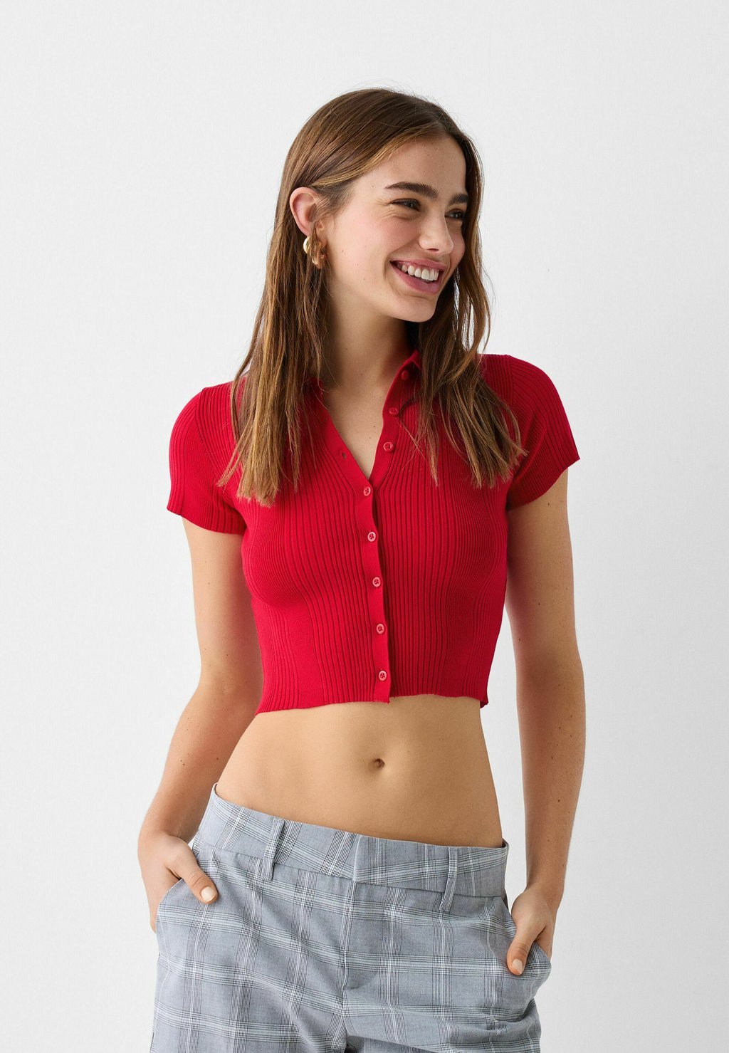 

Блузка-рубашка BUTTONED SHORT SLEEVE Bershka, цвет red