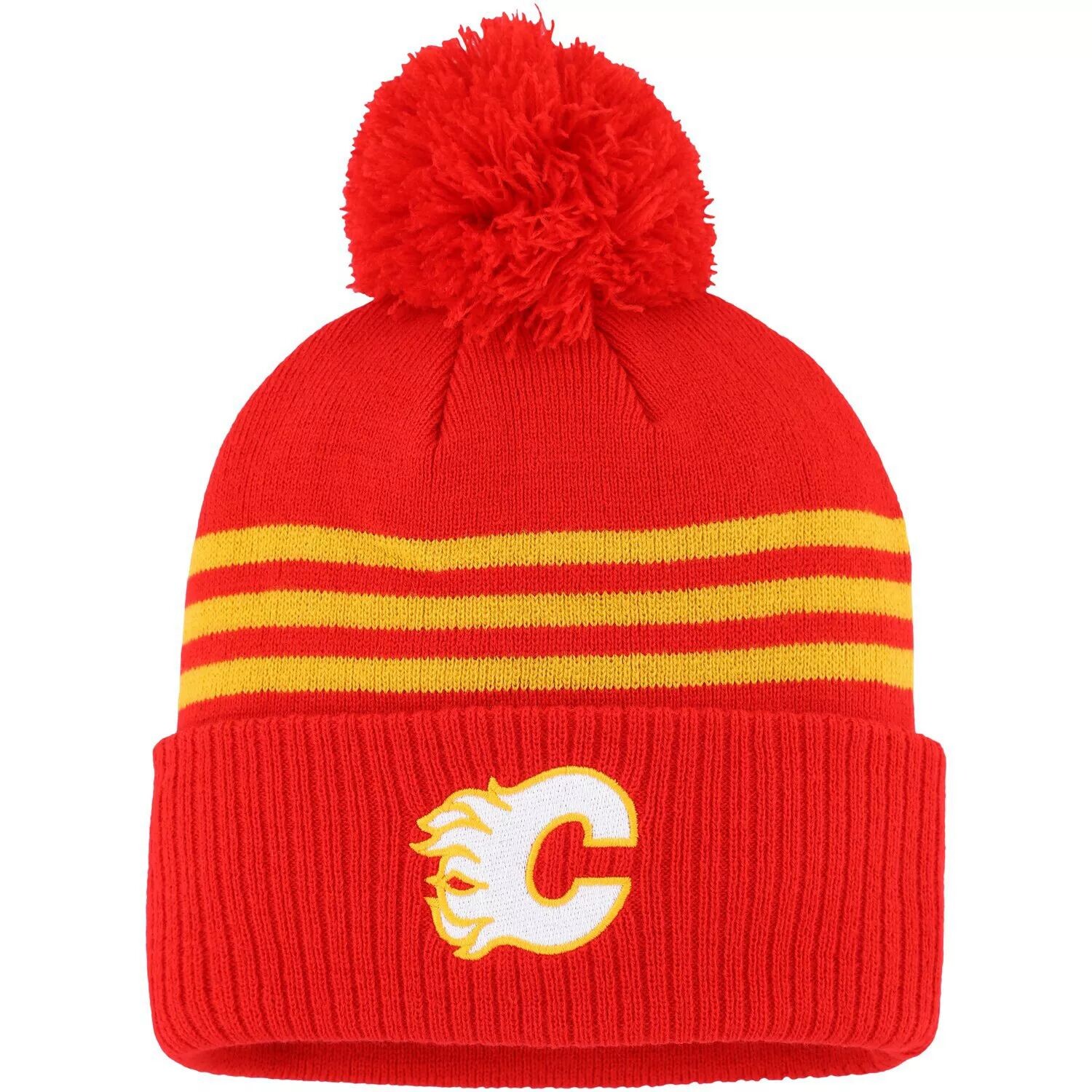 

Мужская вязаная шапка adidas Red Calgary Flames Locker Room с тремя полосками и манжетами и помпоном