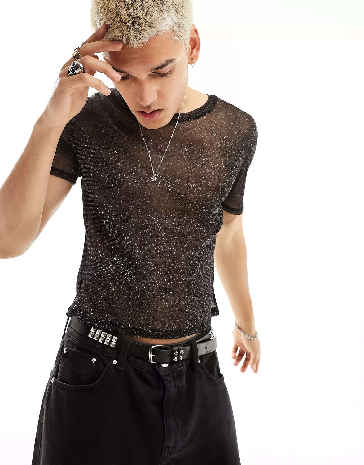 

Черная футболка с металлизированной сеткой ASOS