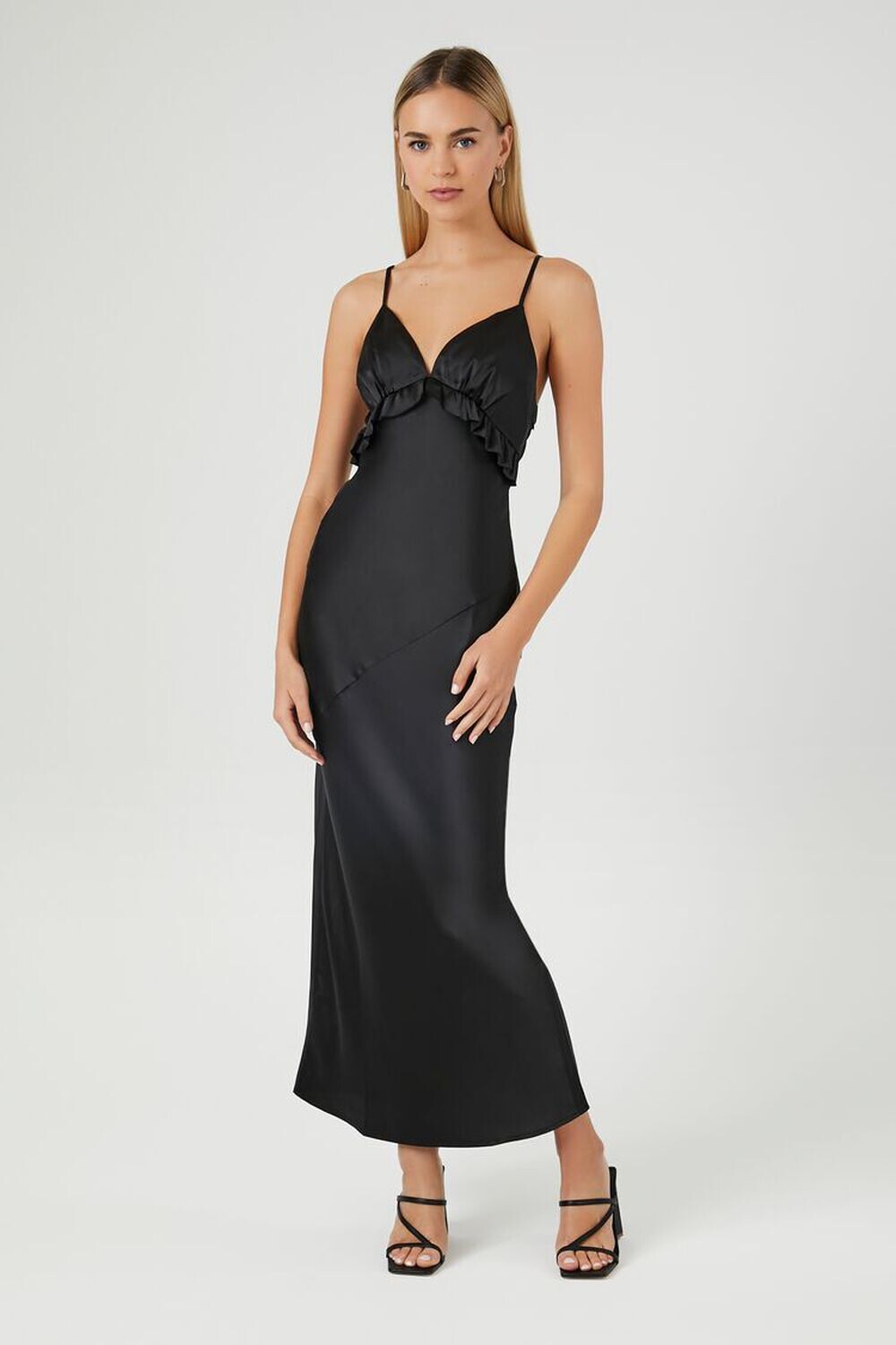 

Атласное платье макси с оборками Forever 21, черный