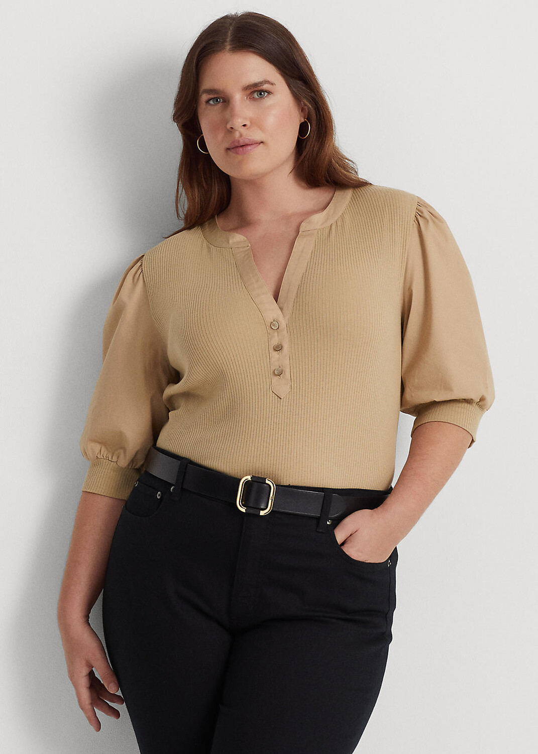 

Футболка Henley из смесового хлопка с пышными рукавами
