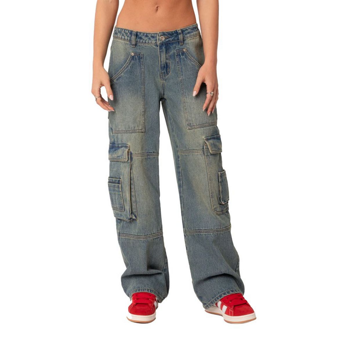 Женские потертые джинсы карго Westie с низкой посадкой Edikted, синий цена и фото