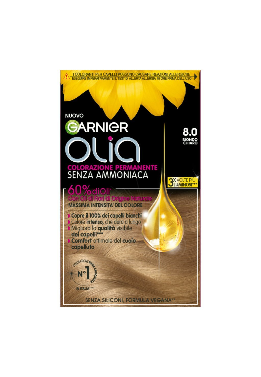 

Краска для волос GARNIER TINTA CAPELLI OLIA COLORAZIONE PERMANENTE SENZA AMMONIACA COPRE IL 100% DEI CAPELLI BIANCHI CON OLI DI FIORI DI ORIGINE NATURALE, 2 PACK Garnier, желтый