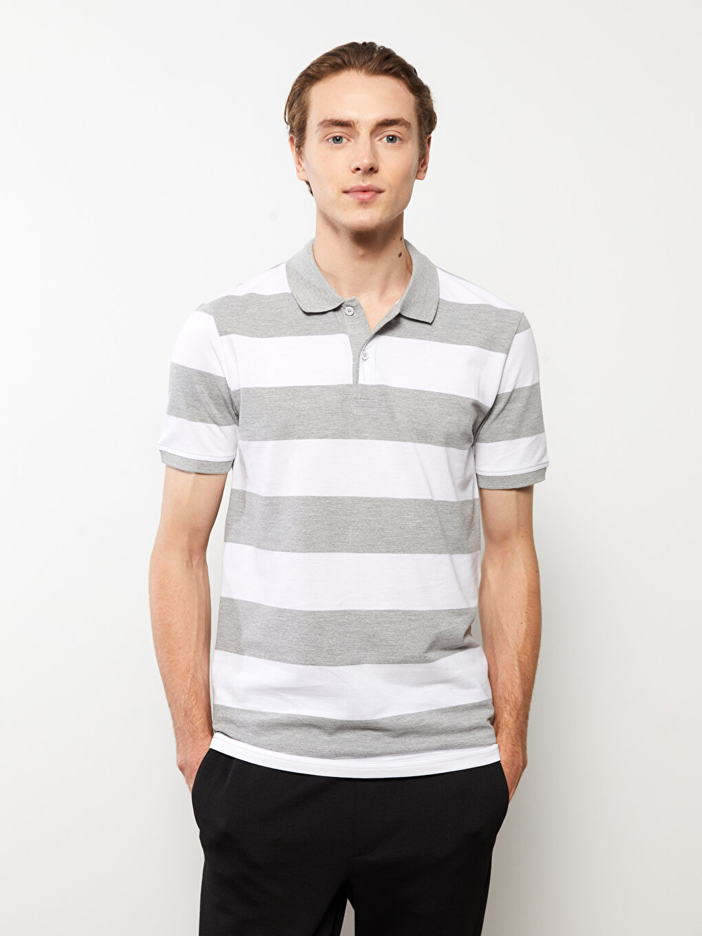 Мужская футболка из пике с короткими рукавами и воротником-поло в полоску LCWAIKIKI Classic, светло-серый меланж