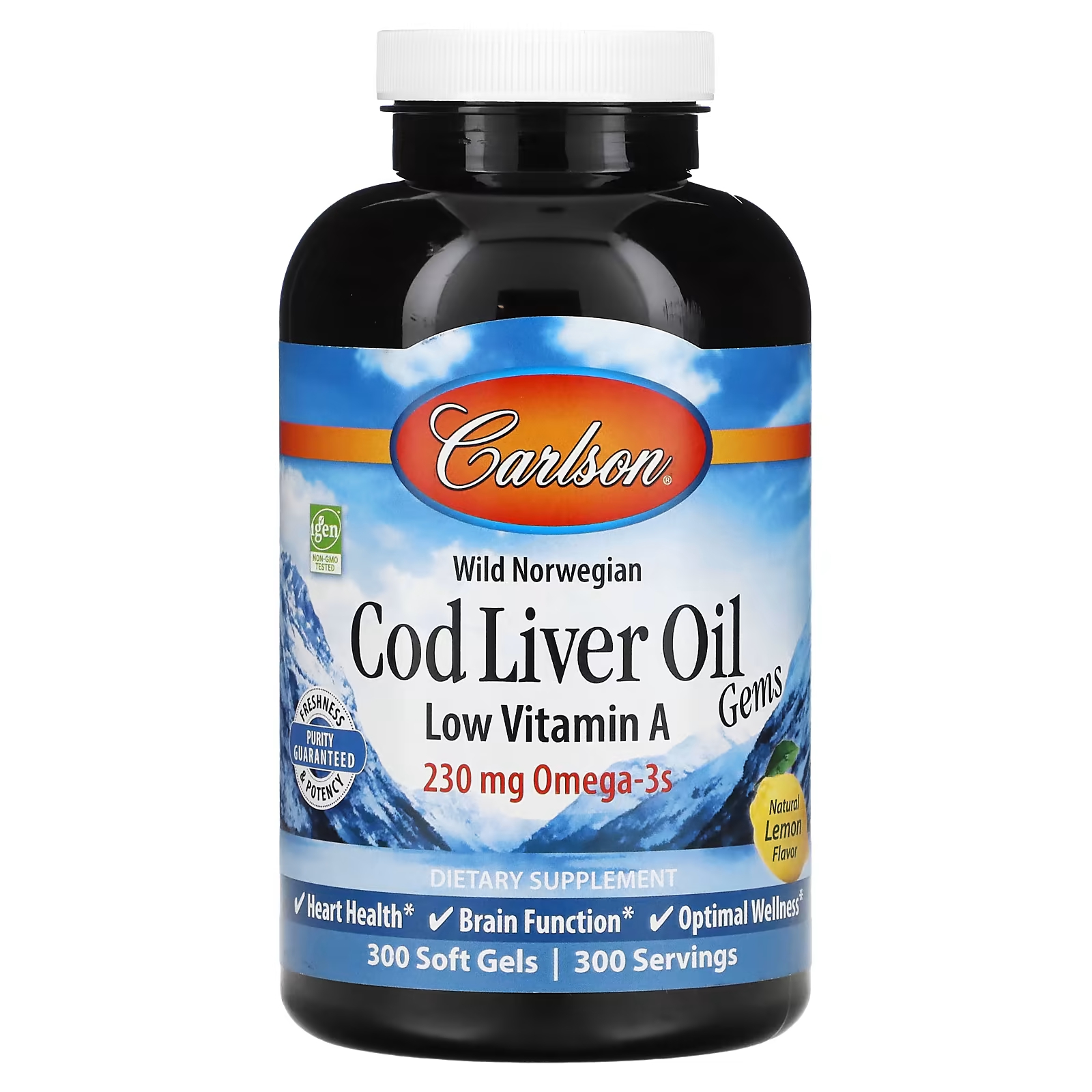 Омега-3 Carlson Wild Norwegian Cod Liver Oil Gems Low Vitamin A с лимонным вкусом 230 мг, 300 капсул