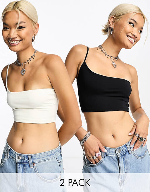 

Набор из двух черно-белых укороченных топов на одно плечо Bershka