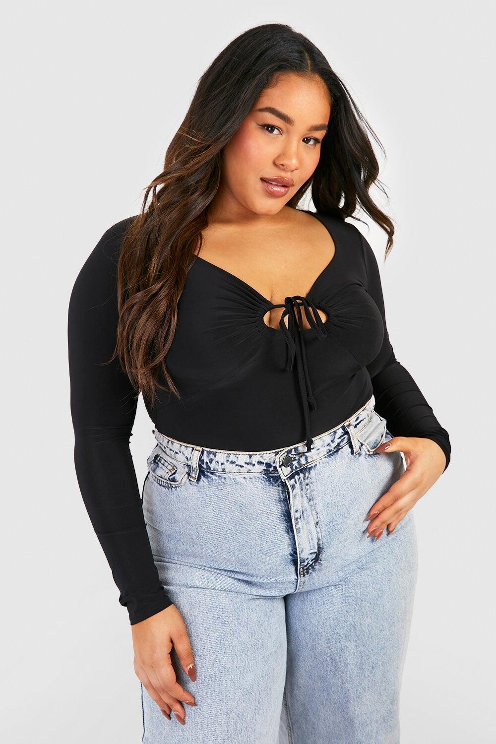 

Боди plus из ацетата с облегающей завязкой спереди Boohoo, черный