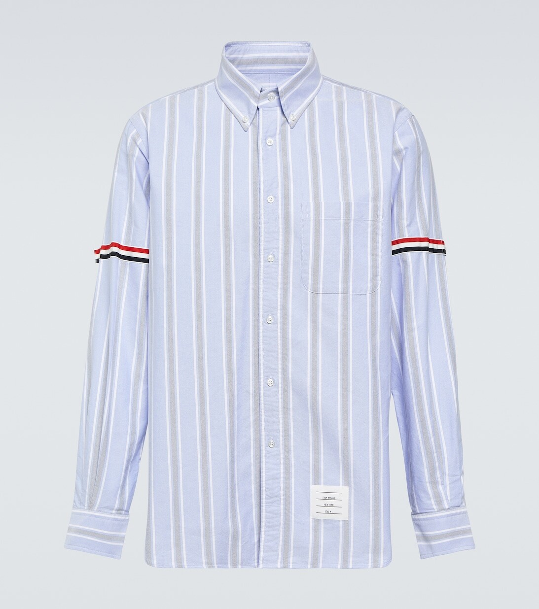 

Полосатая рубашка в крупный рубчик с повязками на рукавах Thom Browne, синий