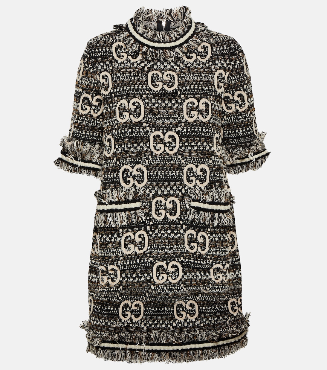 Мини-платье из твида и ламе с узором gg Gucci, черный платье мини из твида с воланом