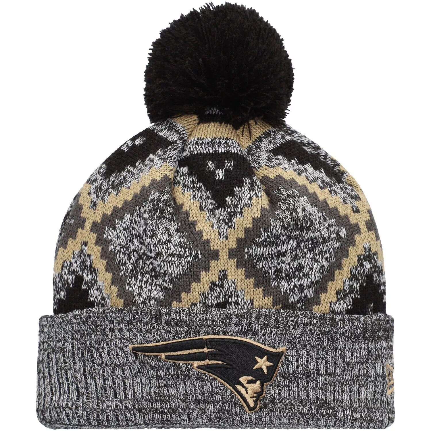 

Мужская вязаная шапка New Era черного/серого цвета New England Patriots Grandpa с манжетами и помпоном