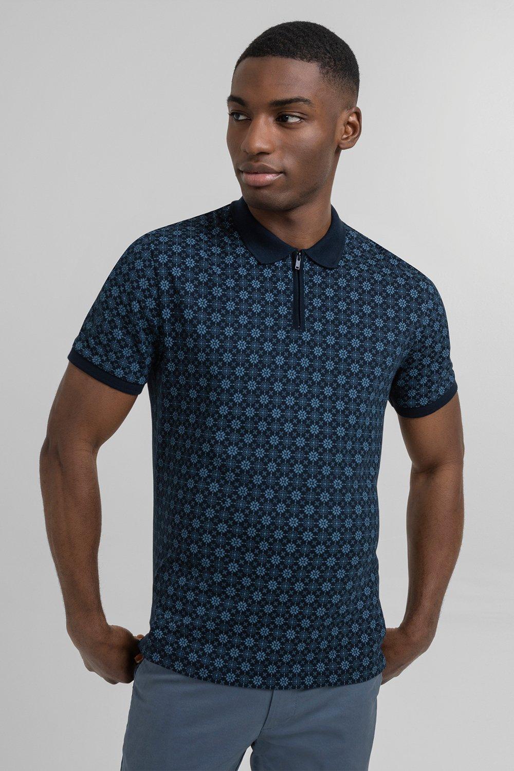Темно-синяя рубашка-поло с коротким рукавом с геометрическим цветочным принтом Steel & Jelly, темно-синий