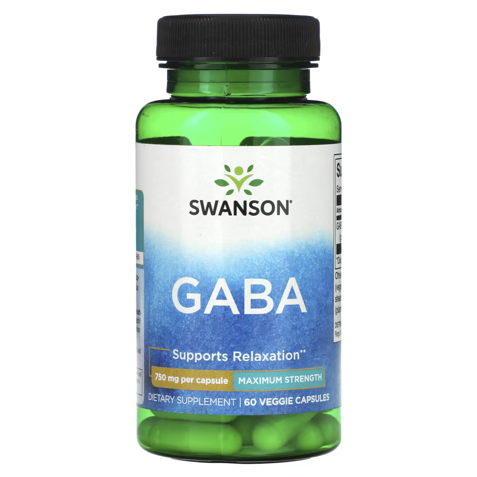 Swanson GABA Максимальная сила 750 мг 60 растительная сила swanson максимальная сила l аргинин akg powder natural citrus 12 9 унций 368 г