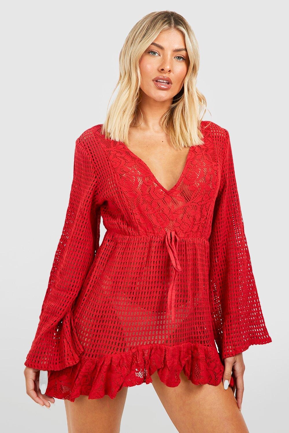 

Пляжное платье с кружевным крючком и оборкой boohoo, красный