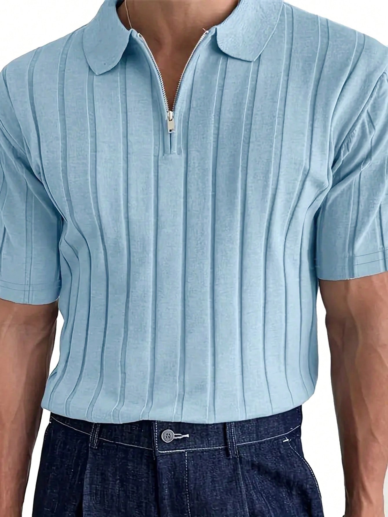 Мужская рубашка поло в рубчик с коротким рукавом и воротником на пуговицах на молнии, голубые