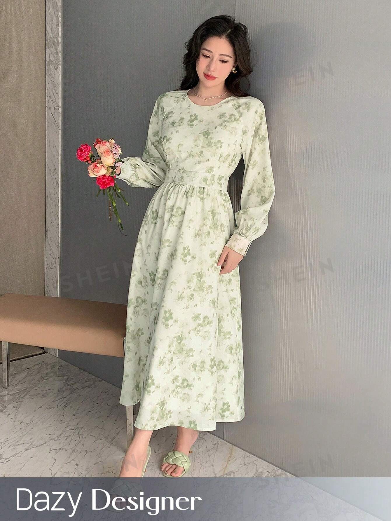 женское шифоновое платье с круглым вырезом рукавом 2021 и завышенной талией Женское платье Dazy Designer с круглым вырезом, зеленый