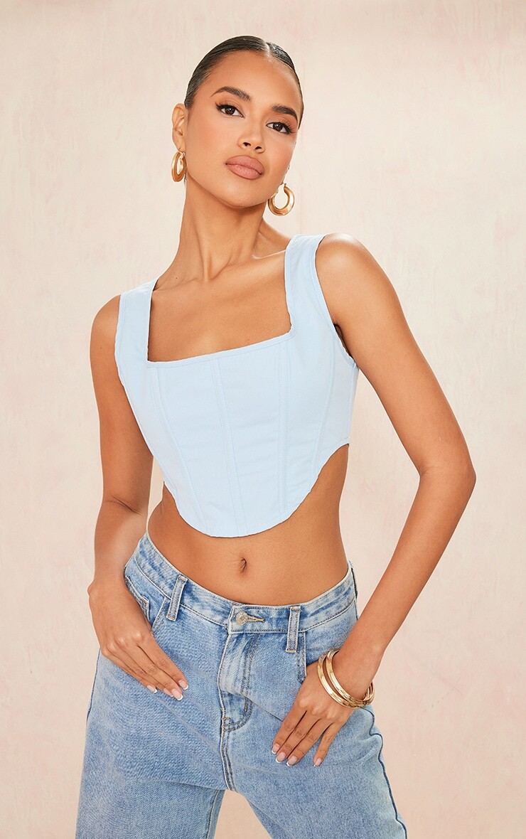 

PrettyLittleThing Голубой укороченный топ с корсетом из эластичной ткани на косточках