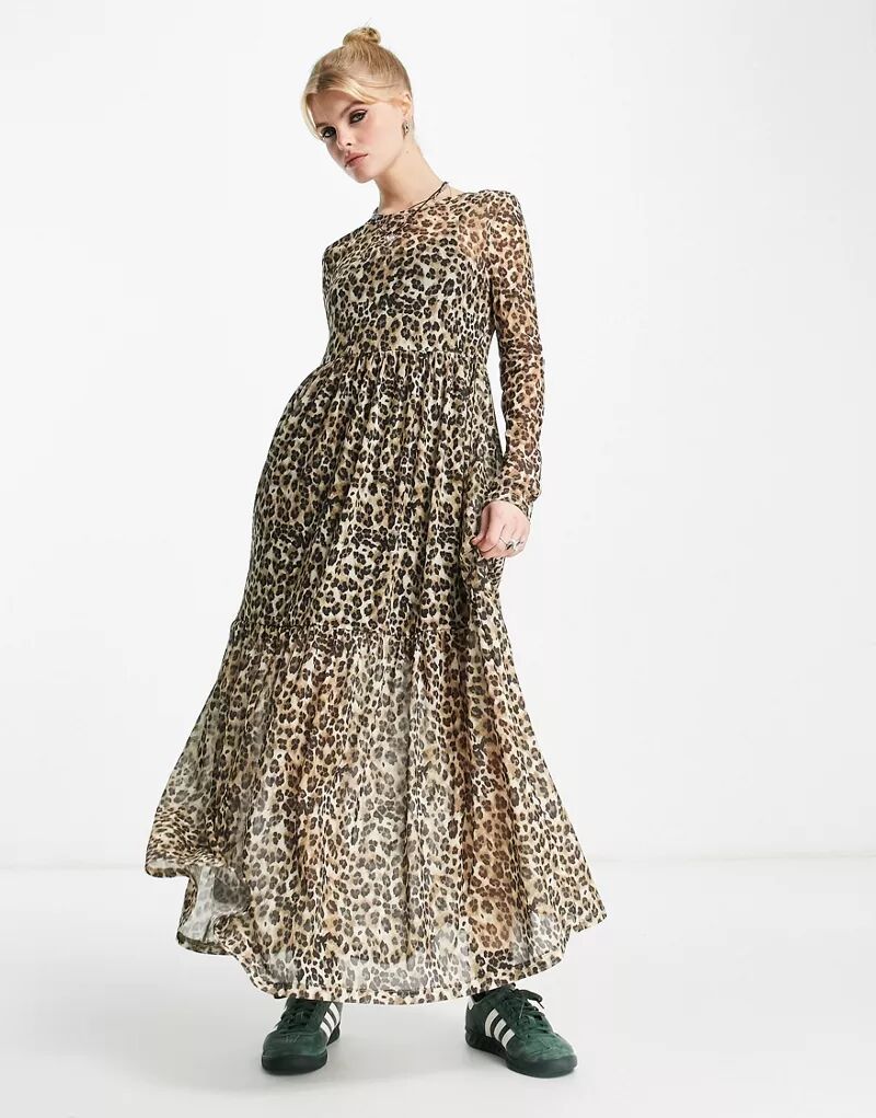 Фиолетовое свободное платье миди с леопардовым принтом и сеткой Violet Romance