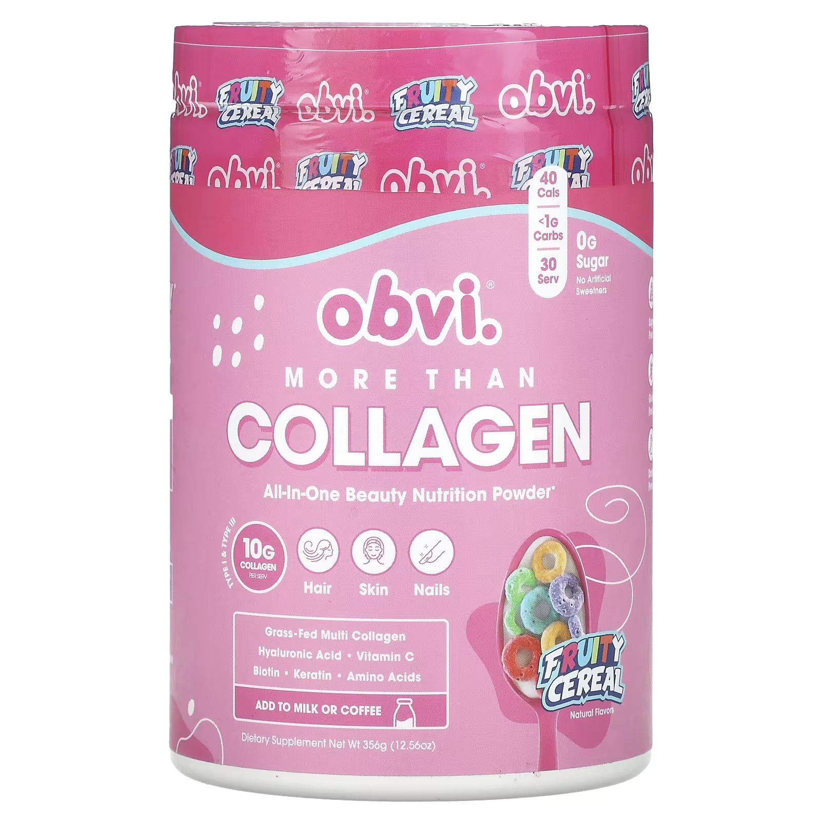 Пищевая добавка Obvi More Than Collagen All-In-One Beauty Nutrition Powder Fruity Cereal, 356 г solumeve пептиды коллагена с витамином c и гиалуроновой кислотой гранат 30 пакетиков по 5 37 г 0 19 унции