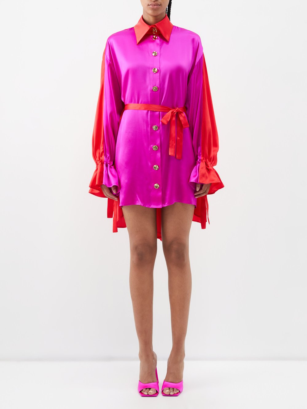 Двухцветное мини-платье из шелкового атласа Halpern, розовый