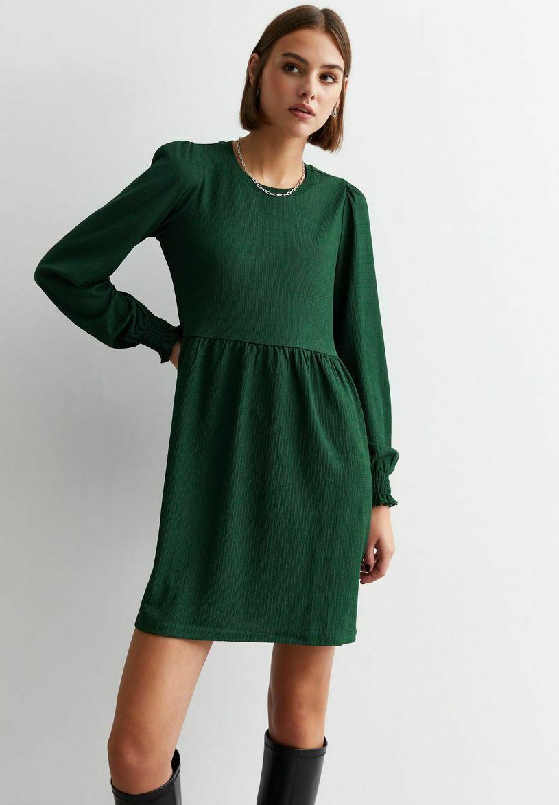 Платье летнее Crinkle Long Sleeve Smock Mini New Look, цвет dark green